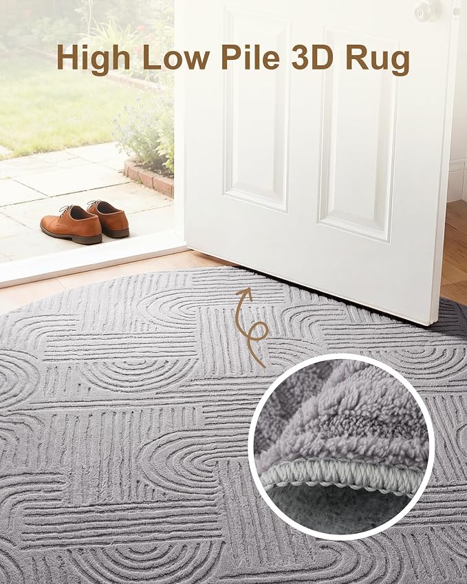 Carvapet 6.5ft Round Abstract Rug Dark Gray Washable High Low Pile Carpet | Soft plush textured carpet with non slip backing for large living rooms, bedrooms, nurseries and cozy spaces