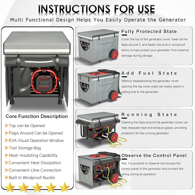 Generator Covers While Running, Generator Cover for Outside Heavy Duty Waterproof, 600+210D Double Layer Production,with Storage Bag, 38 "L x 28" W x 27 "H, for 12000W+ Frame Type Generators,Gray