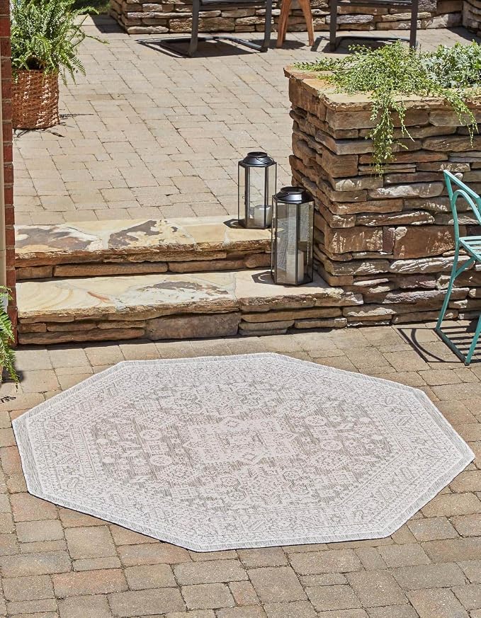 Unique Loom Outdoor Aztec Collection Area Rug - Chalca (7' 10" Octagon, Light Gray/ Ivory)