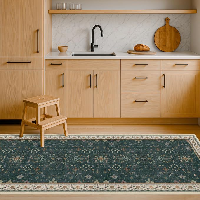 Vintage 2x7 Washable Runner Rug Non Slip for Kitchen, Bathroom, Hallway - Low Pile Stain Resistant 7ft Long Runner Rugs - Victorian Eclectic Floral Pastel Home Decor (2x7 Dark Green)
