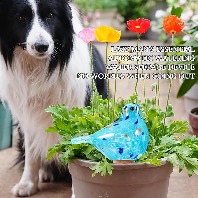 Plant Watering Globes, Bird Glass Self Watering Planter Insert - For Indoor & Outdoor Plants - Glass Plant Water Globes For Daily Use, Planter Spikes To Support Indoor & Outdoor Plant Health, Sky Bule