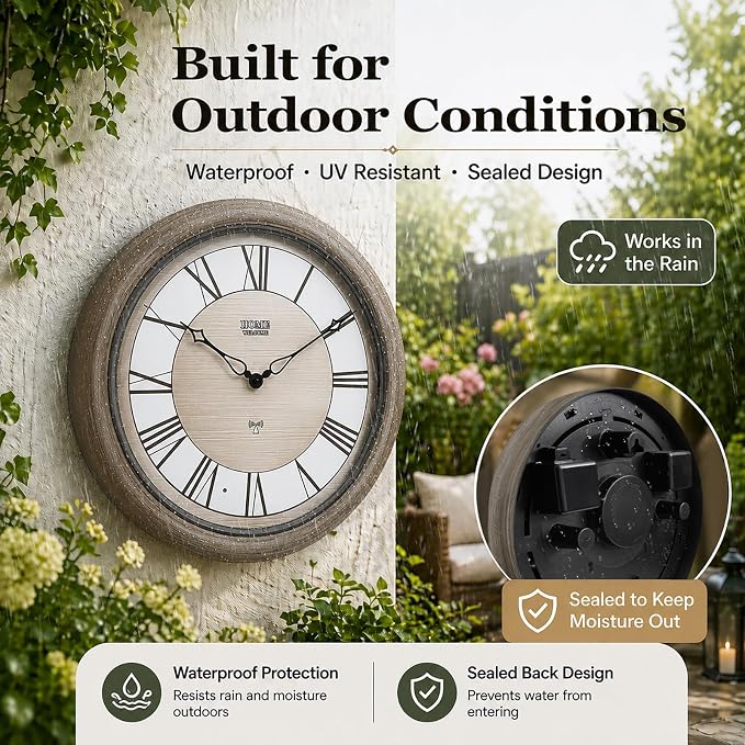 Pytha Sight 18 Inch Outdoor Clocks Waterproof, Atomic Analog Large Roman Numerals Outdoor Wall Clock with Light Sensor, Silent Non-Ticking Outdoor Clock for Patio Garden Porch Pool