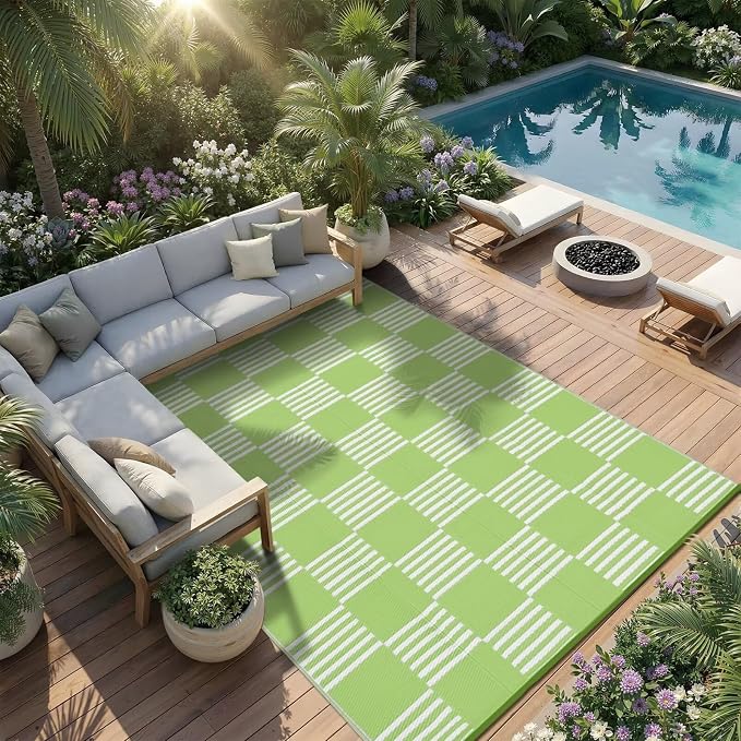 Garvee Waterproof Outdoor Rug 10x14, Checkered Foldable Plastic Straw Patio Camping Rug, Outdoor RV Carpet for Deck Camper Porch Balcony Backyard Picnic Beach Green and White