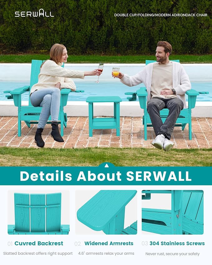 SERWALL Modern Adirondack Chair Set of 6, Folding Adirondack Chair with Cup Holders, Outdoor HDPE Adirondack Chair, Teal