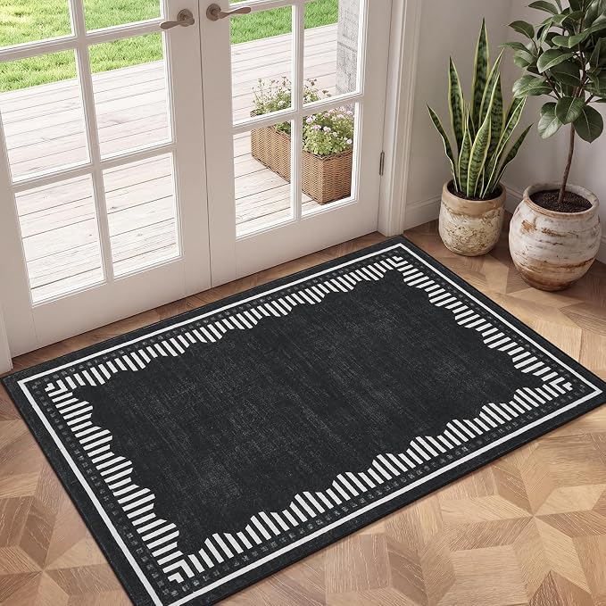 Garvee Small Area Rugs 2x3 Black Washable Entryway Scalloped Throw Carpet | Non Slip Solid Color Low Pile Living Room Bedroom Rugs Pet Friendly Modern Geometric Kitchen Front Door Nursery Doot Mat