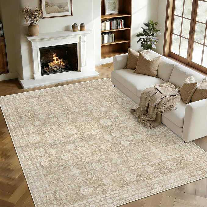 6x9 Area Rugs for Living Room: Washable Vintage Floral Rug Low Pile Non-Slip Boho Carpet for Nursery Bedroom Dining Room (Brown, 6'x9')