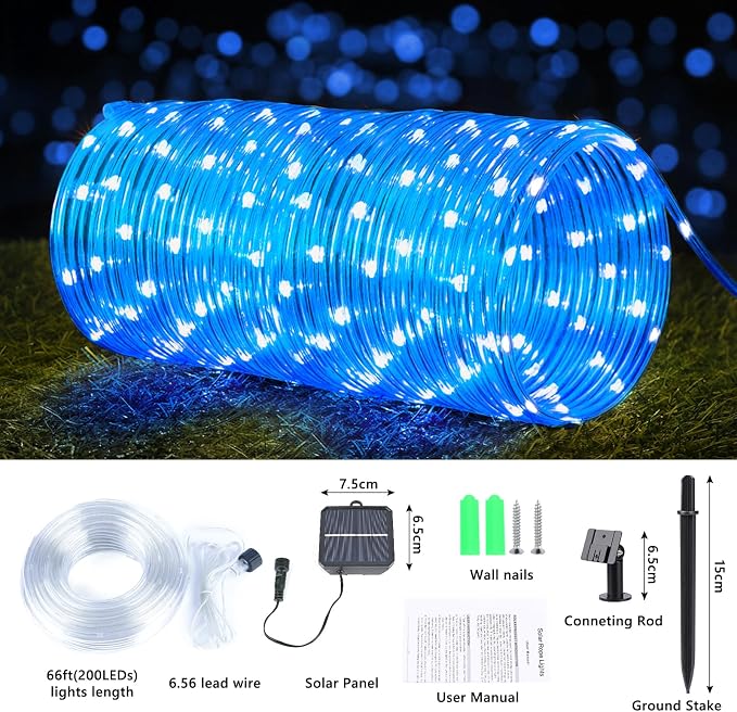 Jnaurb Solar Rope Lights, 2 Packs Total 132ft 400LED Solar String Lights, 8 Modes Waterproof Solar Outdoor Light, Flexible Clear Trampoline Light for Garden Backyard Patio Deck Pool Tree Decor - Blue