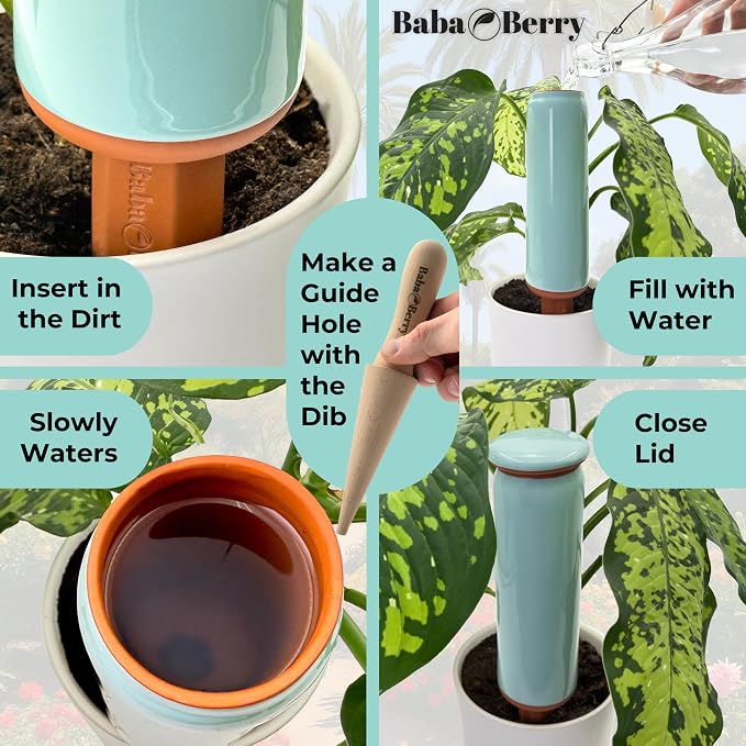 Terracotta Watering Spikes 2 Pack 17.5oz Capacity Plant Watering Devices Self Watering Spikes Large Plant Watering Globes Self Watering Planter Insert AcquaTerra with Root Dibber Installer