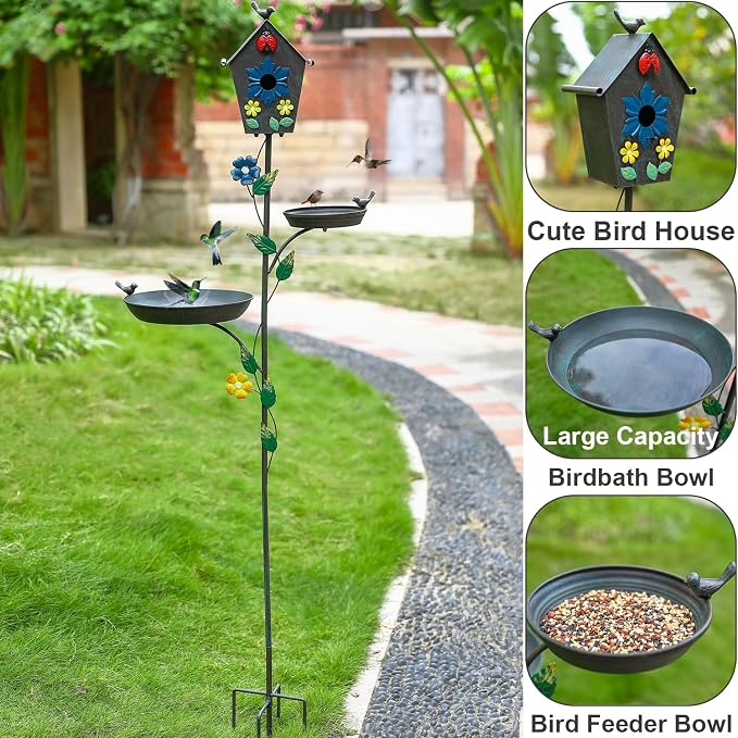 Metal Bird Bath Feeder and Bird House on Pole, 69.5" H Free Standing Bird Houses, Tall Cast Iron Bird Baths with 5-Prong Stake, Stylish Birdhouse with Birdbath Bowl for Outdoors Garden Yard Decor
