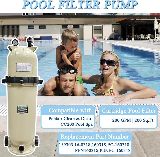 EC-160318 Cartridge Pool Filter Compatible with Pentair Clean & Clear CC200 | 200 GPM | 200 Sq.Ft.with Cartridge & Gauges,Almond