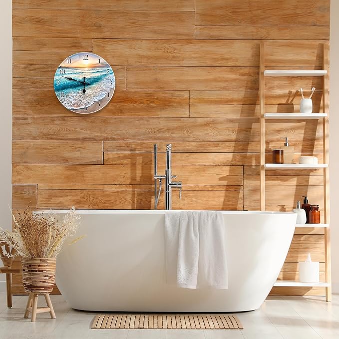 Britimes Round Wall Clock Silent Non-Ticking Battery Operated Outdoor Waterproof Glass Clock 12 Inch, Beach Sunset Summer Sea Home Decor for Living Room, Bathroom, Kitchen, Bedroom, and Office