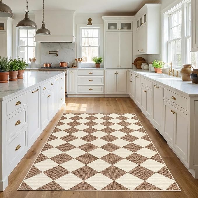 GarveeHome 3x5 Checkered Area Rug Non Slip Washable Entryway Bedroom Rug | Modern Geometric Plaid Brown Carpet Classic Throw Mat for Kitchen Bedside Kids Room Office Dining Room