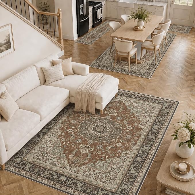 10x12 Area Rugs Washable Large Vintage Rug for Living Room Bedroom | Farmhouse Boho Floral Neutral Washable Stain Resistant Indoor Carpet for Bedroom Office and Home Decor (Brick&Brown)