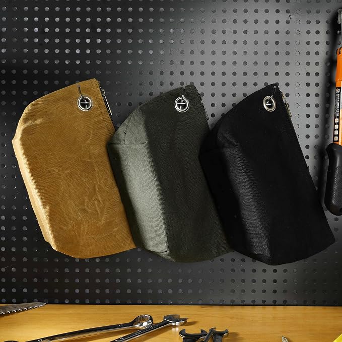 Heavy Duty 16oz Waxed Canvas Tool Storage Bags, Standable One-Piece Tool Organization Pouch - 3 Pack Pouches with Brass Zipper & Grommet (Small)