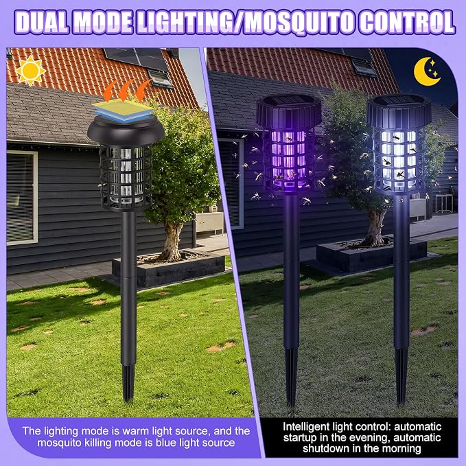 Qualirey 4 Pack Solar Bug Zapper Outdoor Waterproof Mosquito Repellent Killer Bug Zapper Lamp with LED Light for Outdoor Garden Patio Yard (White and Purple Light,Black)
