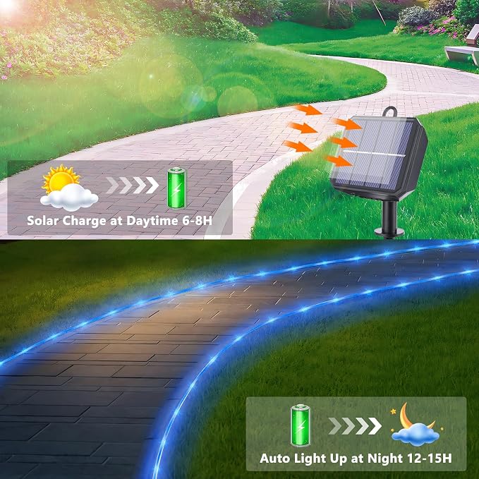 Jnaurb Solar Rope Lights, 2 Packs Total 132ft 400LED Solar String Lights, 8 Modes Waterproof Solar Outdoor Light, Flexible Clear Trampoline Light for Garden Backyard Patio Deck Pool Tree Decor - Blue