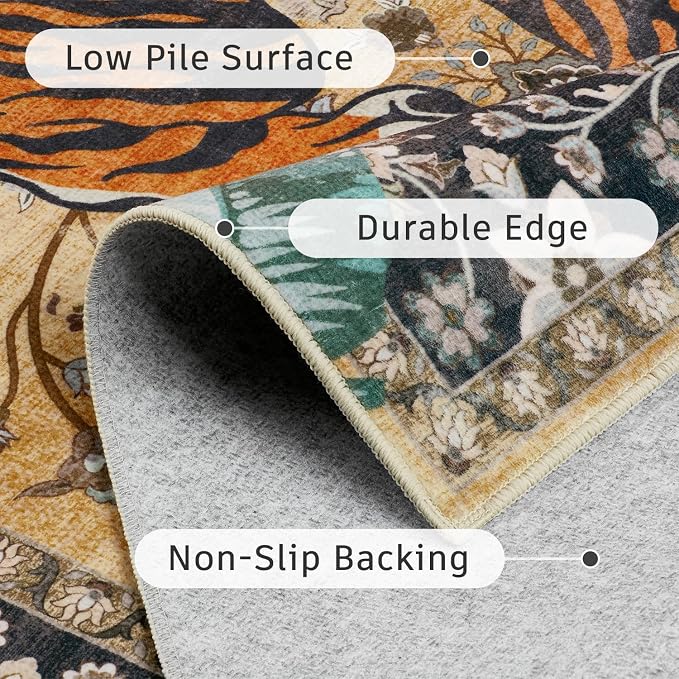 DCX Washable 5x7 Tiger Area Rug, Brown Vintage Animal Rug for Living Room, Soft Low Pile Carpet, Kid & Pet Friendly with Rubber Back Non Slip, Stain Resistant Rug for Bedroom Dining Room Office