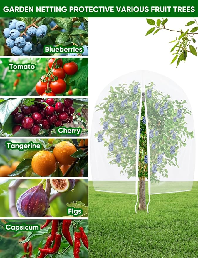 Fruit Tree Netting with Zipper - 4Pcs 5.3 x 6 FT Garden Bird Netting for Blueberry Bushes with Drawstring,Insect Plant Protection Mesh Net Bags for Tomato,Flowers,Animals,Cherry (4, 5.3 x 6 FT)