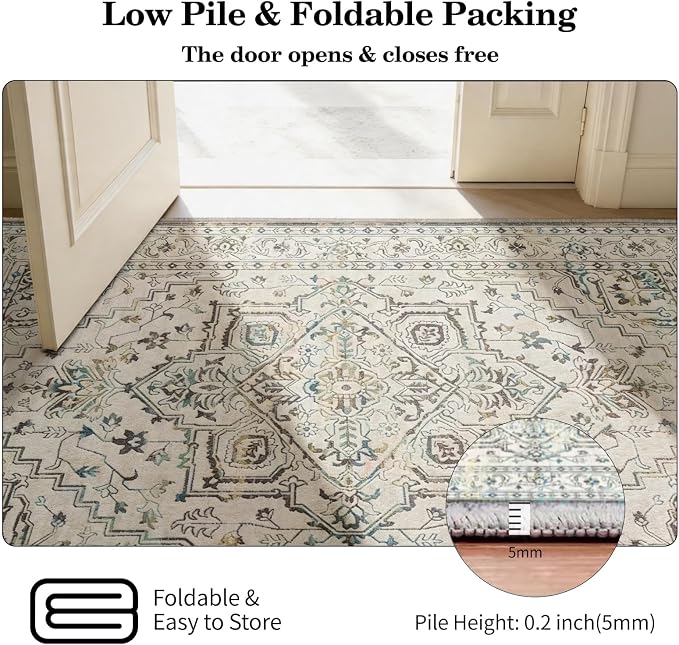 Vintage Washable Area Rug 8x10, Non-Slip Low-Pile Farmhouse Persian Carpet for Living Room Dining Room Bedroom, Stain Resistant Traditional Indoor Rug, Neutral Cream Blue