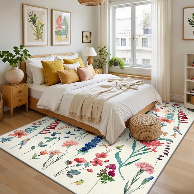6x9 Area Rugs, Washable Floral Area Rugs for Living Room, Indoor Area Rug for Bedroom, Dining Room, Low Pile Non-Slip Non Shedding Rugs(Beige Floral)