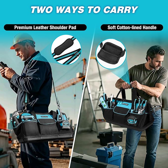 DURATECH 18-Inch Large Tool Bag with Waterproof Hard Bottom, Tool Bags for Men Heavy Duty with 19 Pockets, Wide Open Mouth Toolbag for Electricians Mechanic Plumber HVAC