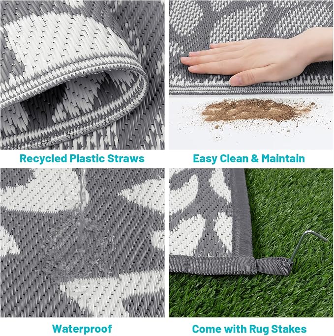 HEBE Waterproof Outdoor Rug 9x12 for Patios, Floral Reversible Plastic Straw Rug Patio Mat, Indoor Outdoor Carpet RV Mat Camping Rug for Deck, Camper, Porch, Balcony, Backyard, Picnic