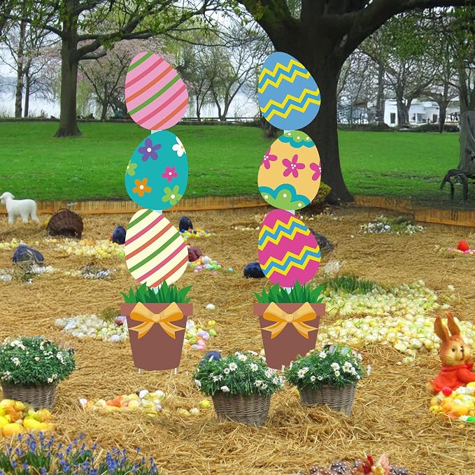 Bunny Chorus Large Metal Easter Egg Flower Pot Yard Signs: 2pcs, Multicolored, Farmhouse Style, Easter Decor with Stakes, Lawn & Garden Decor