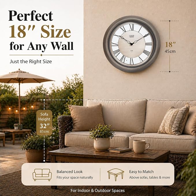 Pytha Sight 18 Inch Outdoor Clocks Waterproof, Atomic Analog Large Roman Numerals Outdoor Wall Clock with Light Sensor, Silent Non-Ticking Outdoor Clock for Patio Garden Porch Pool