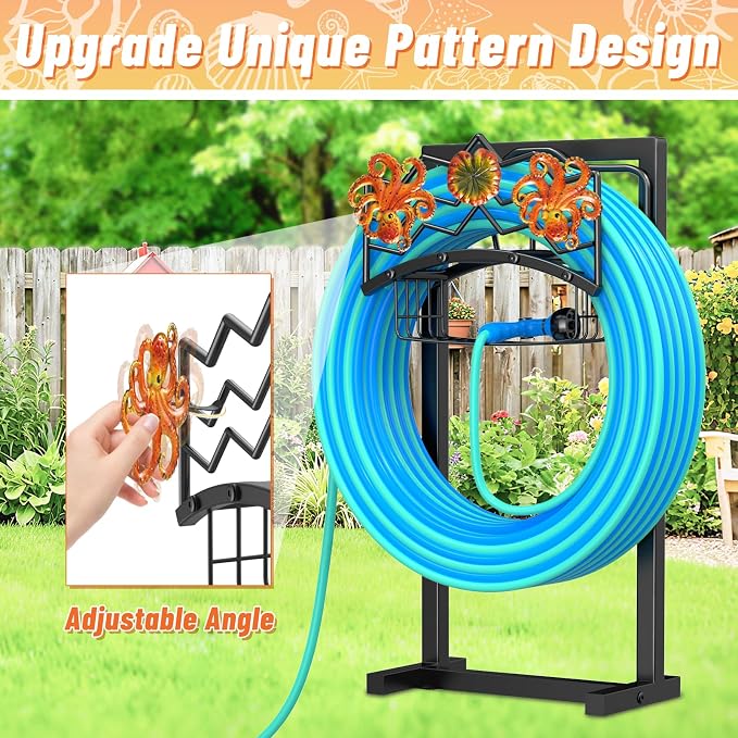 Garden Hose Holder for Outside, Freestanding Water Hose Holder Storage with Storage Basket, Heavy Duty Metal Hose Reels Hanger Stand Organizer with 4 Spikes for Yard Lawn Black