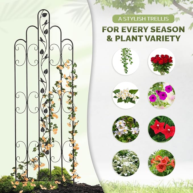 Idzo 71 in. Decorative Metal Trellis for Climbing Plants Outdoor, Heavy-Duty Steel Garden Trellis with Durable Powder Coating, Black Bird Pattern