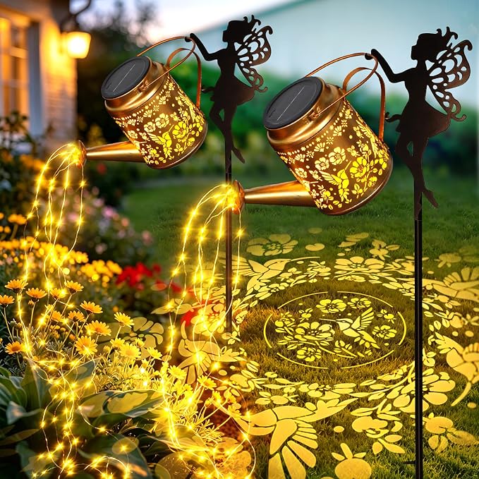 2 Pack Solar Fairy Watering Can Lights Outdoor, Waterproof Solar Hanging Lantern with Cascading Lights for Garden Yard Patio Lawn Pathway, Hummingbird Gardening Gifts for Women Mom Grandma Birthday