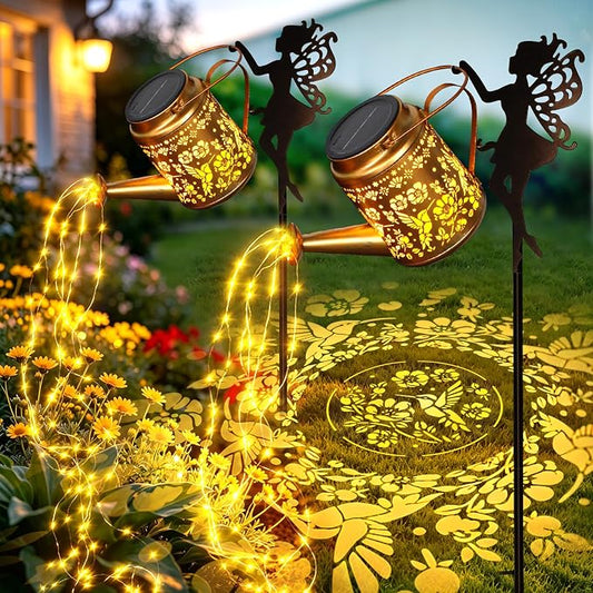 2 Pack Solar Fairy Watering Can Lights Outdoor, Waterproof Solar Hanging Lantern with Cascading Lights for Garden Yard Patio Lawn Pathway, Hummingbird Gardening Gifts for Women Mom Grandma Birthday