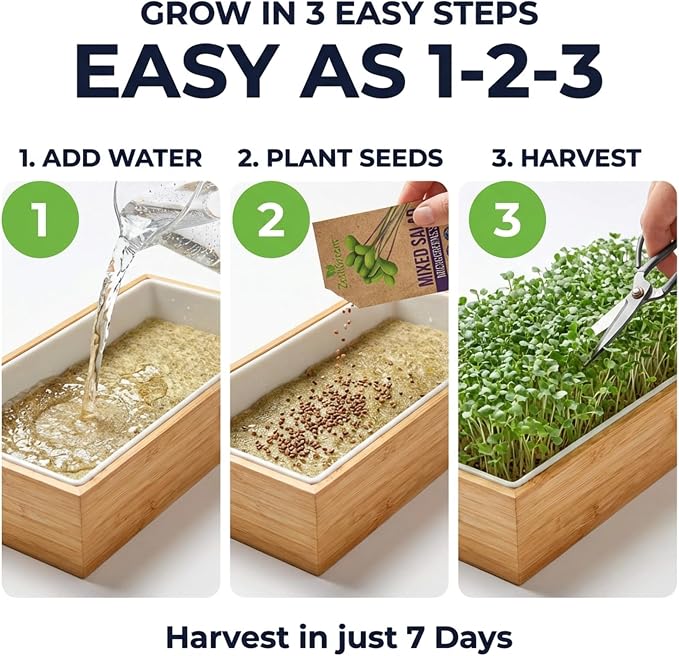 Organic Self-Watering Microgreens Growing Kit – Reusable Indoor Grow Tray with Organic Seeds, Grow Mats & Bamboo Frame – Easy No-Soil Microgreens Starter Kit (Broccoli & Salad Mix)