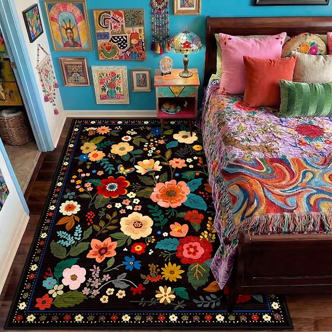 RELEANY Floral Washable 6x9 Area Rugs Black | Flower Carpet, Print, Boho, Non-Slip, Easy to Clean, Soft, Low Pile for Living Room Bedroom Kitchen Office Entryway Hallway