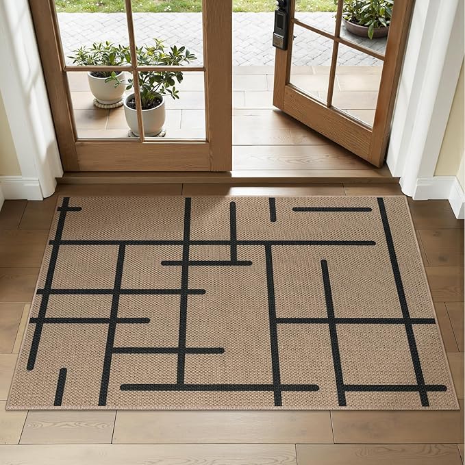 Tangsoo Easy Jute 2x3 Rug for Entryway,Small Washable Thin Outdoor Rug Modern Non-Slip Stripe Front Door Mat Small Throw Carpet for Kitchen Porch Doorway Bedroom Entry