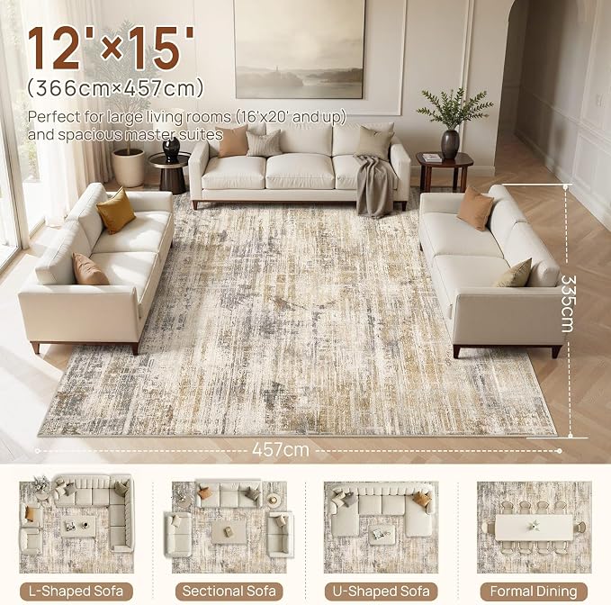 UERMEI 12x15 Area Rug for Living Room Washable Abstract Golden Brown Carpet | Extra Large Soft Low Pile Stain Resistant Non Slip Kid Pet Friendly Open Floor Plan Rug For Bedroom Dining Office