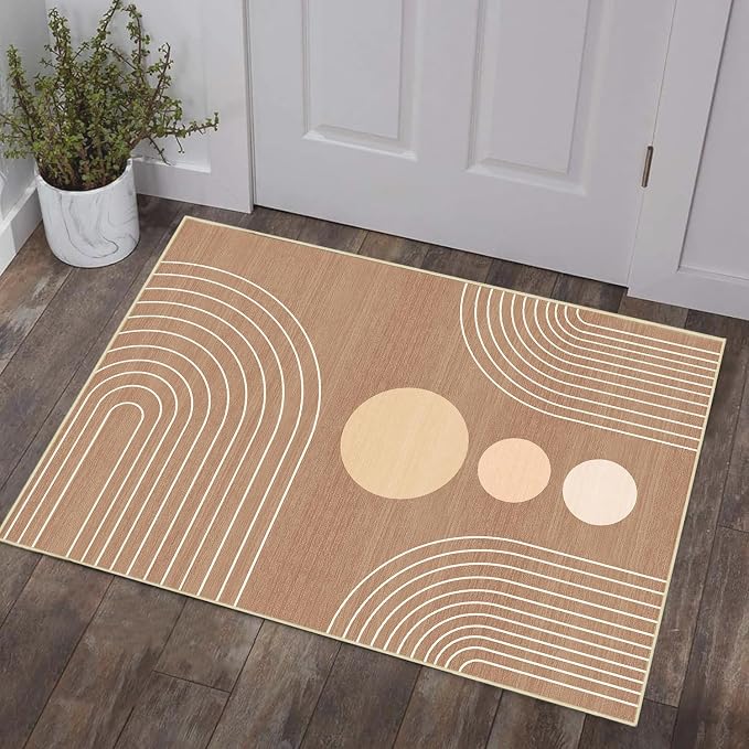 Boho 2x3 Rug for Entryway Modern Geometric Abstract Area Rug Brown Mid Century Modern Machine Washable Door Mat Contemporary Non-Slip Printed Low-Pile Floor Carpet Kitchen Bathroom Laundry Brown