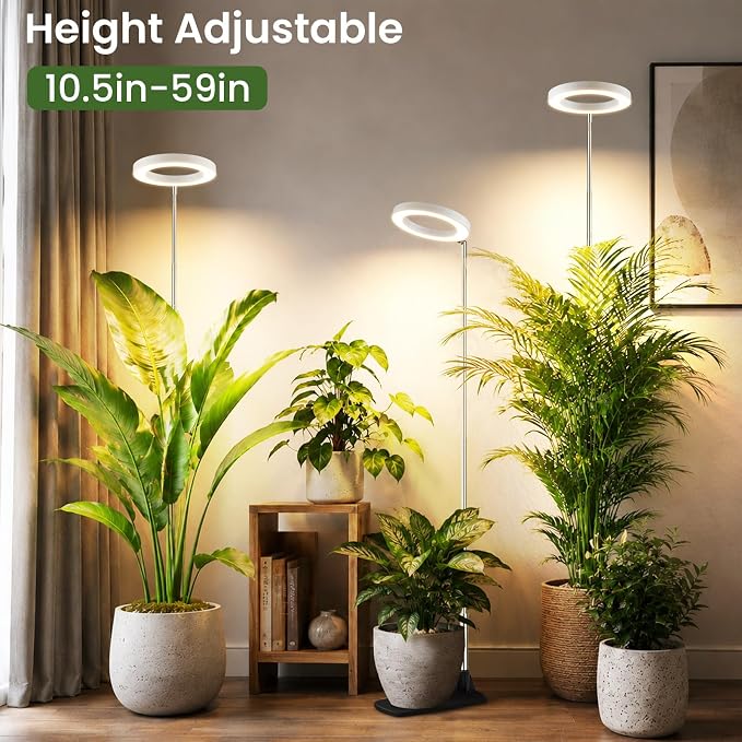 LBW Grow Lights for Indoor Plants, 6.3" Full Spectrum Plant Light with Base, 59" Height Adjustable Grow Lamp, 6/8/12/16H Auto Timer, 3 Light Colors, 5 Dimmable Levels, for Tall Large Plants, White