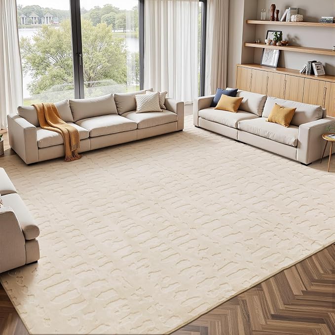 Yamaziot Washable 9x12 Area Rugs for Living Room Textured Non Slip, Beige | Modern High-Low Geometric Pattern, Soft Fluffy, Neutral, Minimalist Floor Carpet for Bedroom Dining Room Nursery Kids Room