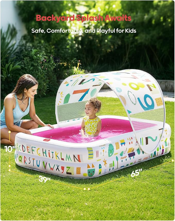 QPAU Baby Pool with Canopy, Inflatable Design, 65 x 39 in, Pink | Inflatable Design with Soft Cushioned Floor, Converts to a Ball Pit for Kids and Toddlers, for Indoor and Backyard Play