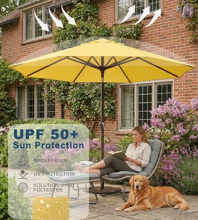 PatioKingdom 9FT Patio Outdoor Umbrella-UPF 50+ Sun Shade with Wind Vent, Push-Button Tilt & Smooth Crank Lift, Rust-Resistant Fiberglass Frame for Garden, Backyard,Yard (Yellow)