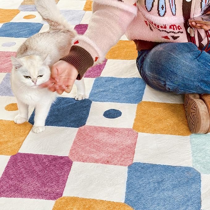 jinchan Corner Rug Washable Kids Rug Colorful Classroom Play Mat Berries | 8ft Radius, Soft, Non-Slip, Cute, Kid-Friendly, Checkered Diamond, Quarter Circle, Reading Nook, Nursery, Playroom, Daycare