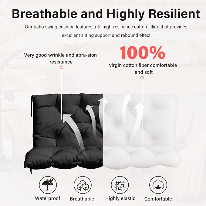 Porch Swing Cushion with Backrest,Waterproof Bench Cushion for Outdoor Furniture,2-3 Seater Replacement Thickened 5 in swing cushion,with Ties,Patio,Outdoor,Backyard and Garden (Black,47x40 in)