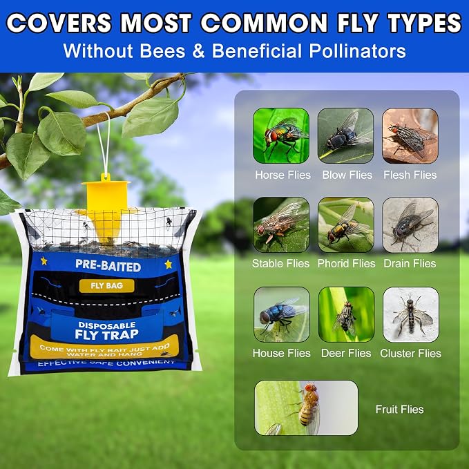 4 Pack Fly Traps Outdoor Hanging for Patio, Outdoor Disposable Hanging Fly Trap with 30g Bait, Bug Fly Hunter Catcher Killer Control for Barn Horse Ranch Chicken Coop