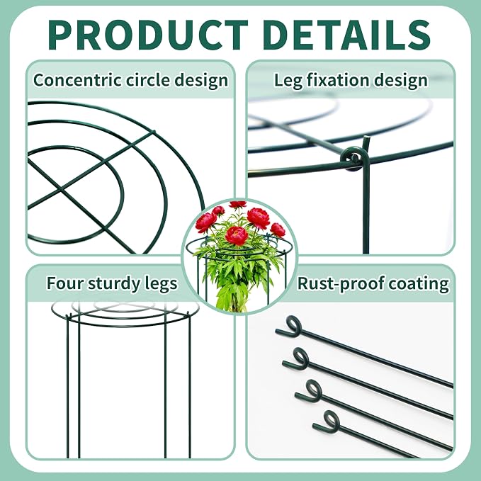 4 Sets Peony Support Cage,24"Diax32"High Heavy Duty Metal Plant Support,Grow Through Hoops Grids with 4 Thickened 6mm Legs,Strong Support Brace for Heavy Blossoms,Flower Support Ring for Peonies,Rose