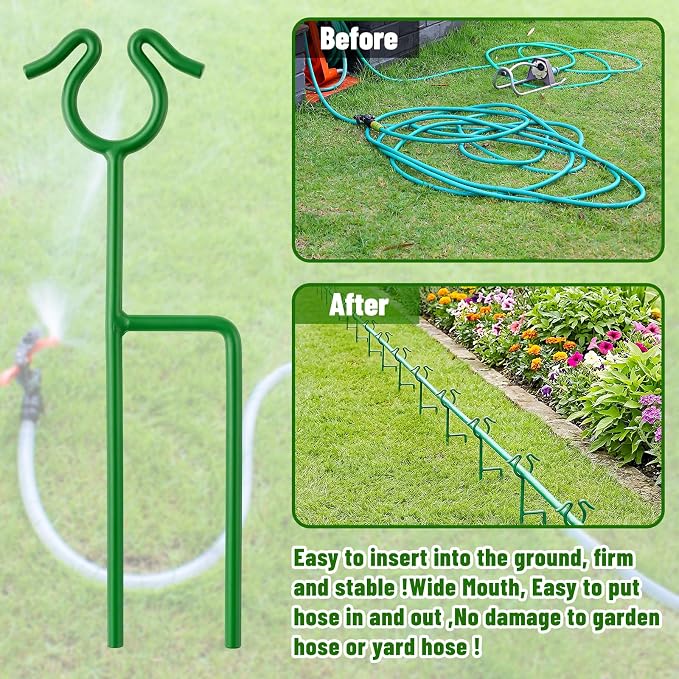 4 Pack Garden Hose Guide Stakes, 14 inch Metal Hose Guides for Garden Heavy Duty Rustproof Coated Spike Keeps Water Hose Out of Flower Beds Outside Lawn & Yard Plant Protection (Green)