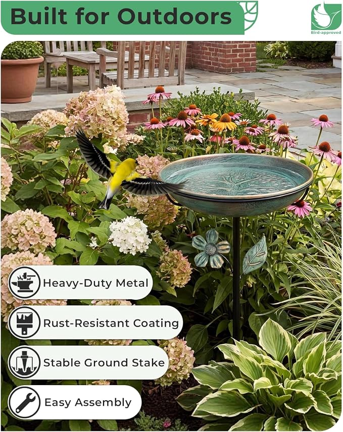 Metal Bird Bath for Outside 12" Tree of Life Birdbath Bowl with Stake | Adjustable Height Vintage Outdoor Bird Bath | Rust Resistant Easy to Clean for Garden Yard Lawn Decor Decor, Green