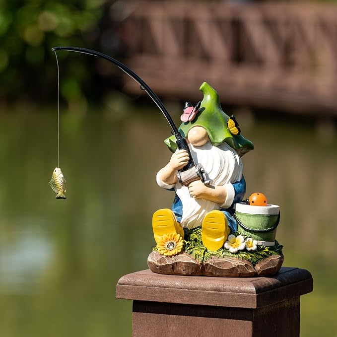 TERESA'S COLLECTIONS Resin Outdoor Statue with Solar Outdoor Lights for Garden Decor,Christmas Garden Gnome Fishing for Outside Yard Porch Patio Lawn,Ideal Gift for Women and Man 8.9"