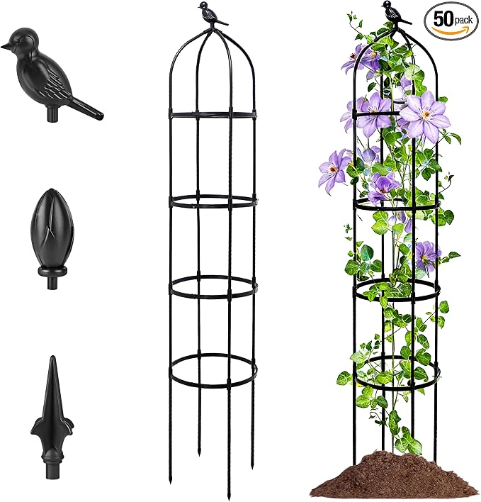 6FT Garden Obelisk Trellis for Climbing Plants,Adjustable 4-Tier Metal Plant Support,Rustproof Outdoor Plant Tower with 3 Decorative Tops for Roses,Tomatoes,Clematis & Vines,Black