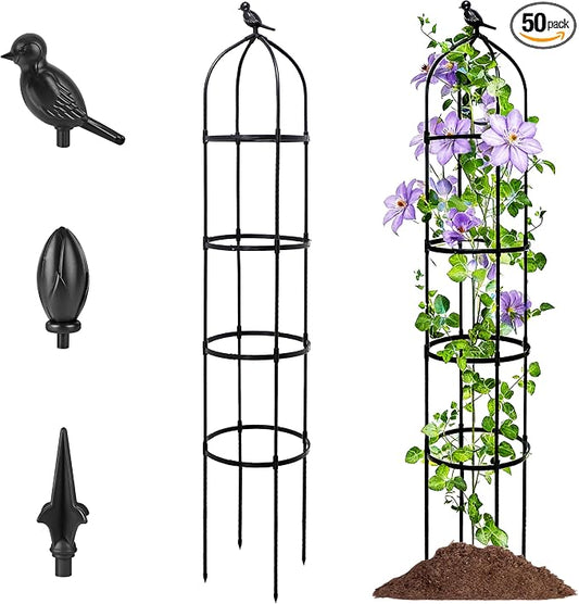 6FT Garden Obelisk Trellis for Climbing Plants,Adjustable 4-Tier Metal Plant Support,Rustproof Outdoor Plant Tower with 3 Decorative Tops for Roses,Tomatoes,Clematis & Vines,Black